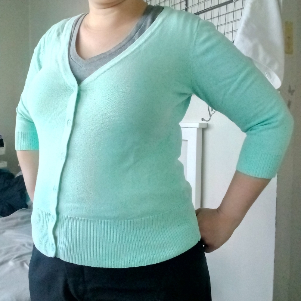 AB Studio Mint 3/4 Sleeve Cotton Cardigan